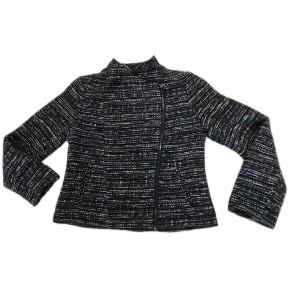 Banana Republic Factory Blazer Womens Sz 12 Blue  Black White Tweed Short Jacket